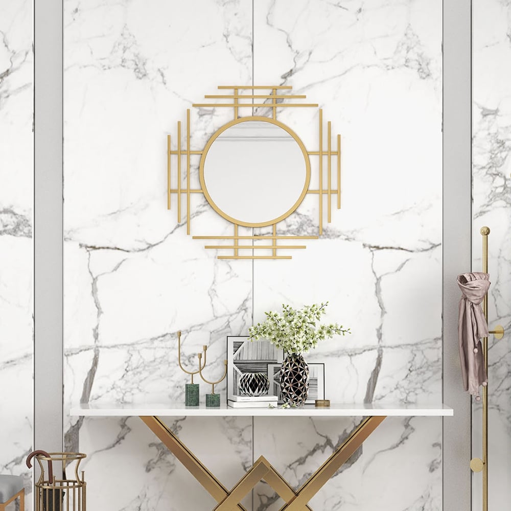 Geometric Sunburst Round Bathroom Mirror with Gold Finish