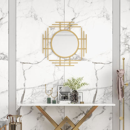 Geometric Sunburst Round Bathroom Mirror with Gold Finish