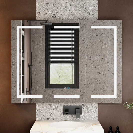 Sleek LED Mirror Cabinet with Tri-Fold Doors and Interior Storage